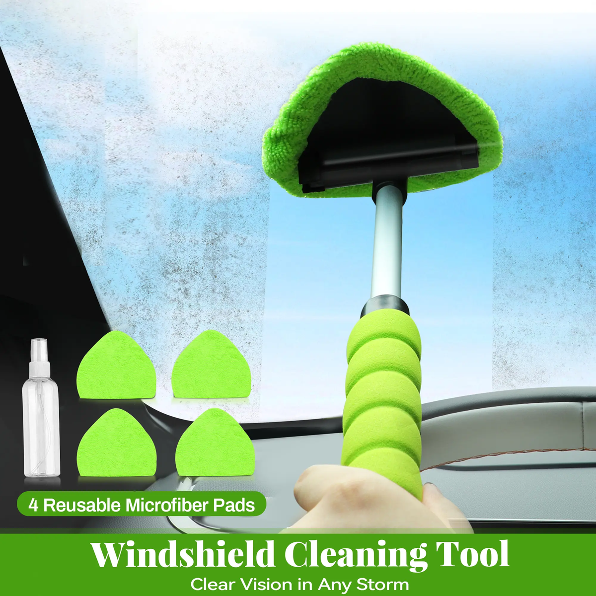 Extendable Microfiber Windshield Cleaner, Reusable Car Window Cleaning Tool with Washable Pads for Auto Glass Care