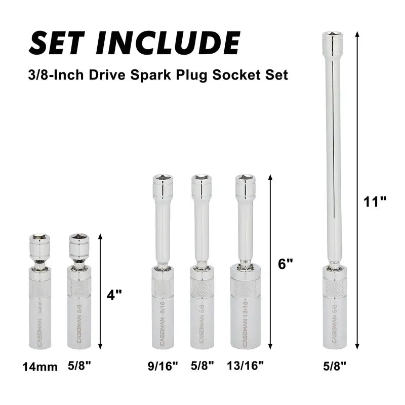 6-Piece Magnetic Swivel Spark Plug Socket Set, 3/8-Inch Drive Thin Wall 12-Point CR-V Sockets with 9/16", 5/8", 13/16" & 14mm Sizes