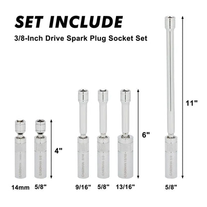 6-Piece Magnetic Swivel Spark Plug Socket Set, 3/8-Inch Drive Thin Wall 12-Point CR-V Sockets with 9/16", 5/8", 13/16" & 14mm Sizes