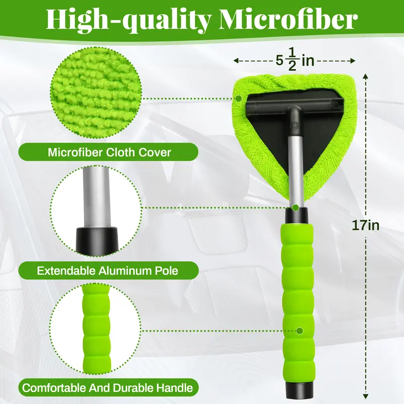 Extendable Microfiber Windshield Cleaner, Reusable Car Window Cleaning Tool with Washable Pads for Auto Glass Care