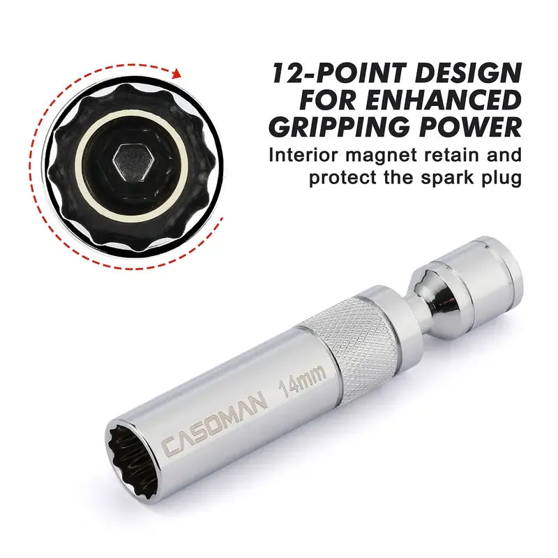 6-Piece Magnetic Swivel Spark Plug Socket Set, 3/8-Inch Drive Thin Wall 12-Point CR-V Sockets with 9/16", 5/8", 13/16" & 14mm Sizes